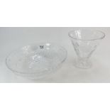 Large lead crystal fruit bowl, with floral decoration together with a similar quality vase.