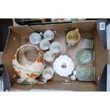 A collection of pottery including commemorative ware, Mintons flask,