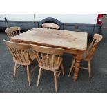 Pine farmhouse table with five matching chairs (chairs in need of attention).