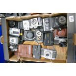 A large collection of vintage film cameras and accessories to include Zenit, Kodak, Lubitel,