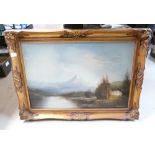 A large gild framed oil on canvas landscape scene signed Campbell
