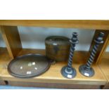 Pair of oak twisty candle stick holders,