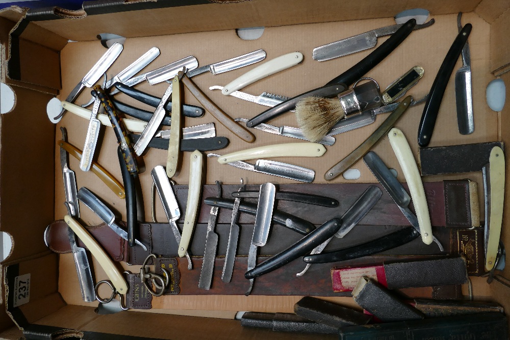 A collection of cut throat razors and strops from makers to include puma, A B Hop, Clarke,
