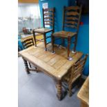 20th Century barley twist dining table with 4 rush seated ladder back dining chairs (5)