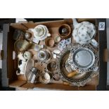 A mixed collection of items to include silver pill box, silver plated vesta box, other silver items,