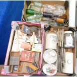 A large collection of kitchenalia vintage soap boxes, enamel items, glass bottles,