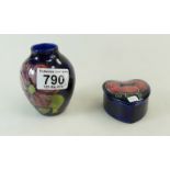 A Moorcroft heart shaped trinklet box in the Anemone design & a small Clematis vase (2)