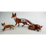 A group of Beswick foxes, one standing (model 1016a restored tail),