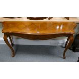 Quality reproduction French style oak console table on four legs with shaped cross banded top