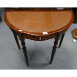 Reproduction mahogany bow fronted hall/side table with leather topped panels and single drawer