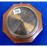 brass faced round mahogany wall barometer mounted on octagonal mahogany inlaid plaque