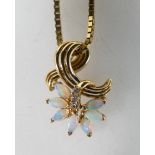 18ct Diamond and Opal pendant (3.1g) and 9ct box chain 15'' long / 5.