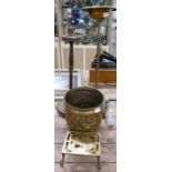 Large brass standing ashtray and similar wooden item,