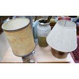 Stone ware large vase/walking stick stand and similar table lamp, brass bound barrel,