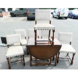 Oak drop leaf table with six similar chairs