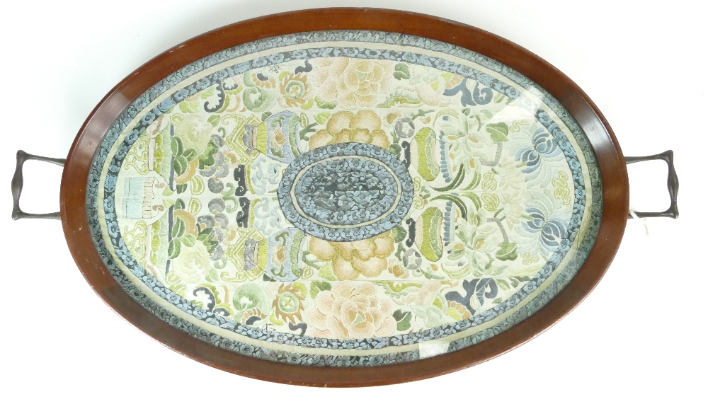 19th Century Chinese Beijing Silk inlaid tray length 58cm,