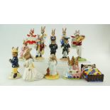 A collection of Bunnykins figures to include Happy Birthday DB21, Schoolmaster DB60, Policeman DB64,