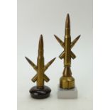 Trench art .50 cal round with two .303 bullets both mounted on stands. One stamped Hill 62. 23cm.