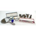 Quantity of silver including ladies hand mirror, cruet set, enamelled watch a/f,