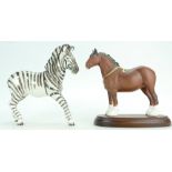 Royal Doulton model of a shire horse on wood plinth and Beswick Zebra 845B (2)