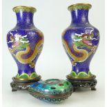 20th Century pair of Oriental Cloisonne enamelled vases with oriental foliage scenes together with