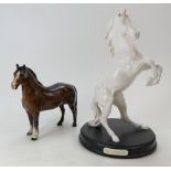 A Beswick white rearing horse Spirit of the Wild on wood plinth and brown Welsh cob 1793 (2)