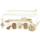 9ct hallmarked gold Cufflinks with initials, 9ct Amethyst Pendant and yellow metal chain,