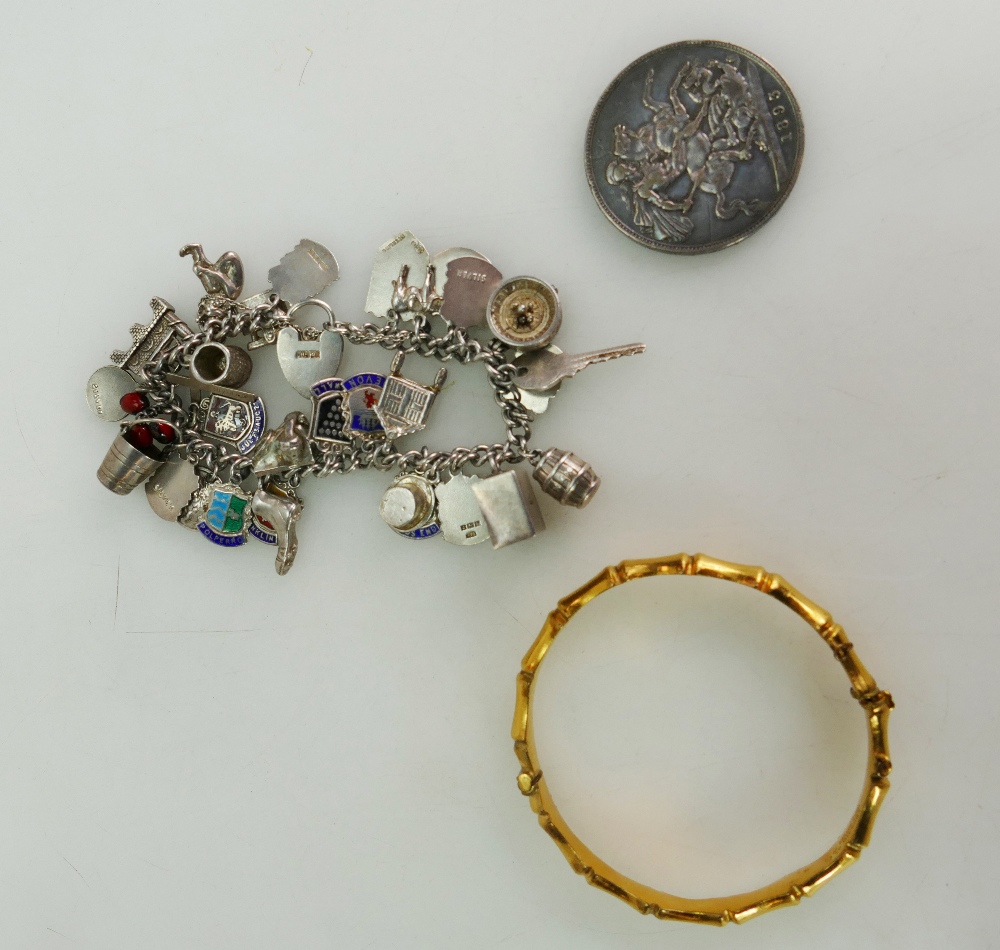 Silver charm bracelet 68.7g., 1893 Crown, and rolled gold bracelet.