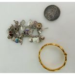 Silver charm bracelet 68.7g., 1893 Crown, and rolled gold bracelet.
