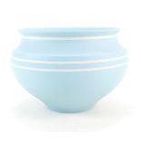 Wedgwood turquoise Jasperware studio type hand thrown bowl with inlaid white jasper, squat form,