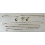 A 9ct gold necklace, pair of earrings and two other similar 9ct necklaces, 10.