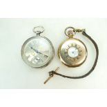 Large silver cased gents pocket watch 55mm (ticking), together with gold plated hunter watch,
