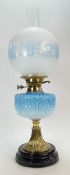 Art Nouveau brass oil lamp with blue vasaline glass bowl with etched glass shade,