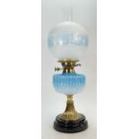 Art Nouveau brass oil lamp with blue vasaline glass bowl with etched glass shade,