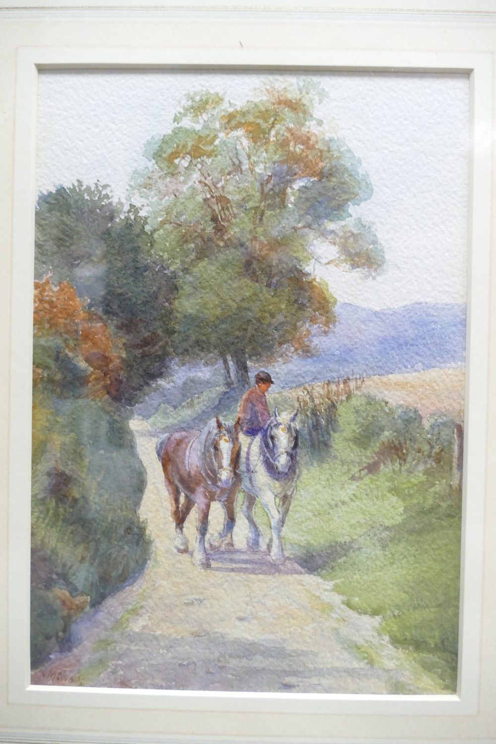 M Clowes, watercolour painting of farmer with two horses down a country lane, - Image 3 of 3