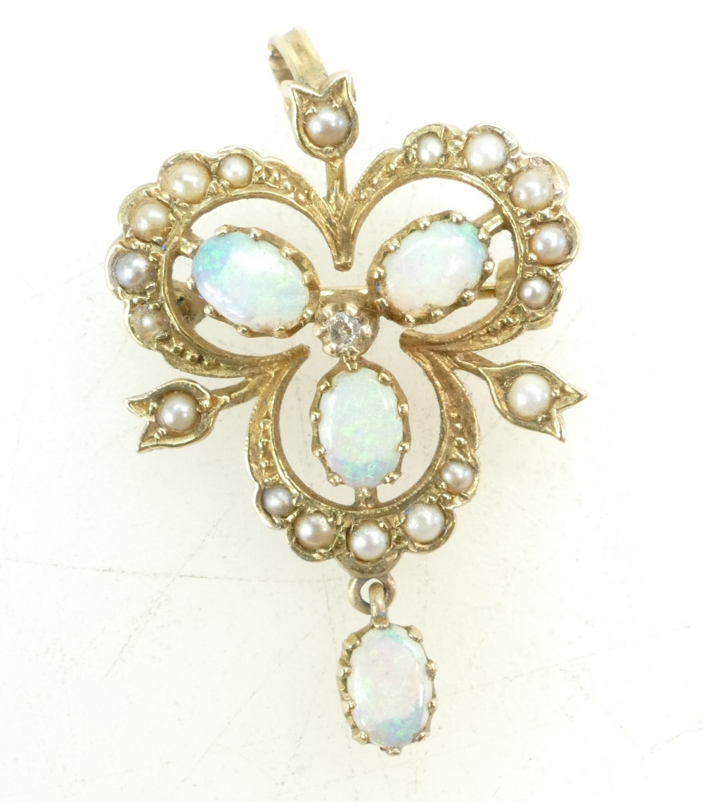 9ct gold opal diamond and seed pearl pendant/brooch,