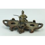 19th century spelter writing inkstand with figure of a kneeling soldier with flintlock rifle,