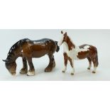 Beswick grazing Shire horse in brown gloss 1050 and Skewbald Pinto pony 1373 (2)