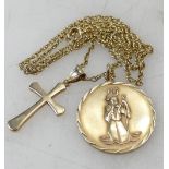 9ct gold St Christopher round pendant, small crucifix and chain, 12.