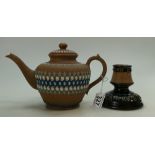 Royal Doulton Lambeth stoneware Silicon teapot and Doulton Lambeth Dewars Whisky match striker