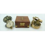 Cased Brass Nautical Compass and Dalvey Voyager clock (2)