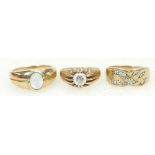 3 x 9ct Gold rings - Moonstone size U, single white stone, probably sapphire Q,