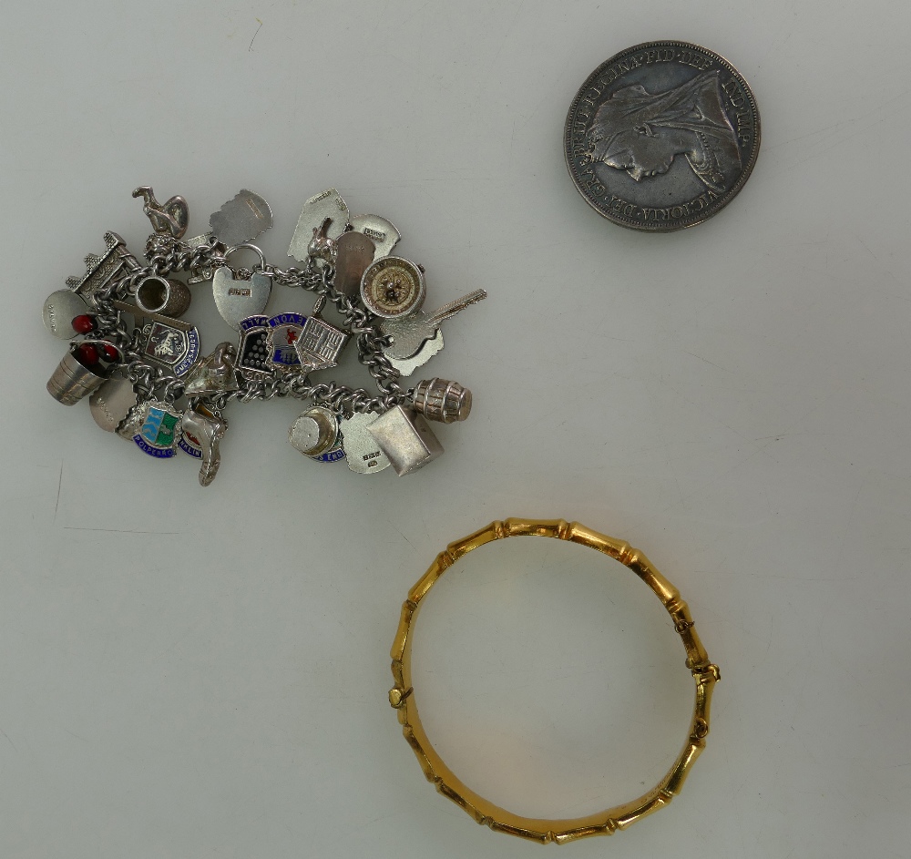 Silver charm bracelet 68.7g., 1893 Crown, and rolled gold bracelet. - Bild 2 aus 3