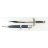 WWII German First Model Luftwaffe Dagger with blue leather wire grip handle and blue leather