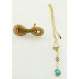 Turquoise and seed pearl pendant set in gold coloured metal (marked 9ct) with integral chain in