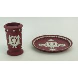 Wedgwood crimson Jasperware vase height 12.5cm and a matching oval dish, length 18.