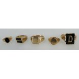 Five 9ct gold rings, three set with black onyx, gross weight 16.8g.