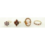 4 x 9ct hallmarked rings, gross weight 13.2g. Garnet, cameo and two with red and white stones.
