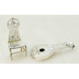 Silver coloured metal Continental miniature chair and a banjo type instrument (2)