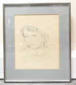 Pencil / charcoal PRINT of young girl in hat - Bears signature ' John ' and in the manner of